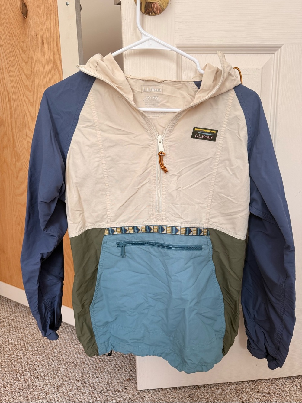 L.L. Bean Kids Colorblock Hooded Anorak — Cream, Navy, Olive & Light Blue